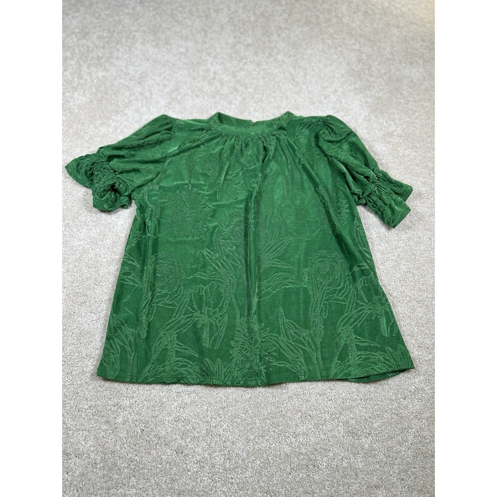 Greige Womans Size M Kelly Green Floral Blouse Short Puff Sleeve Flora